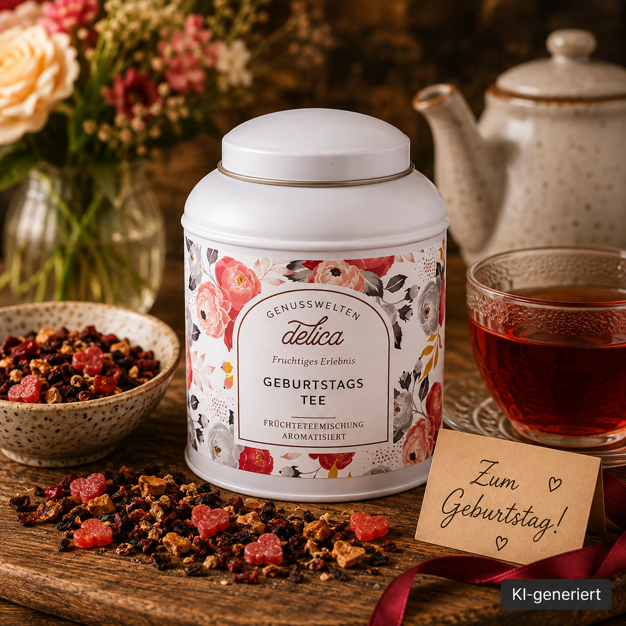 Geburtstagstee - Fruechtetee mit Zuckerherzen - Dose - 100g