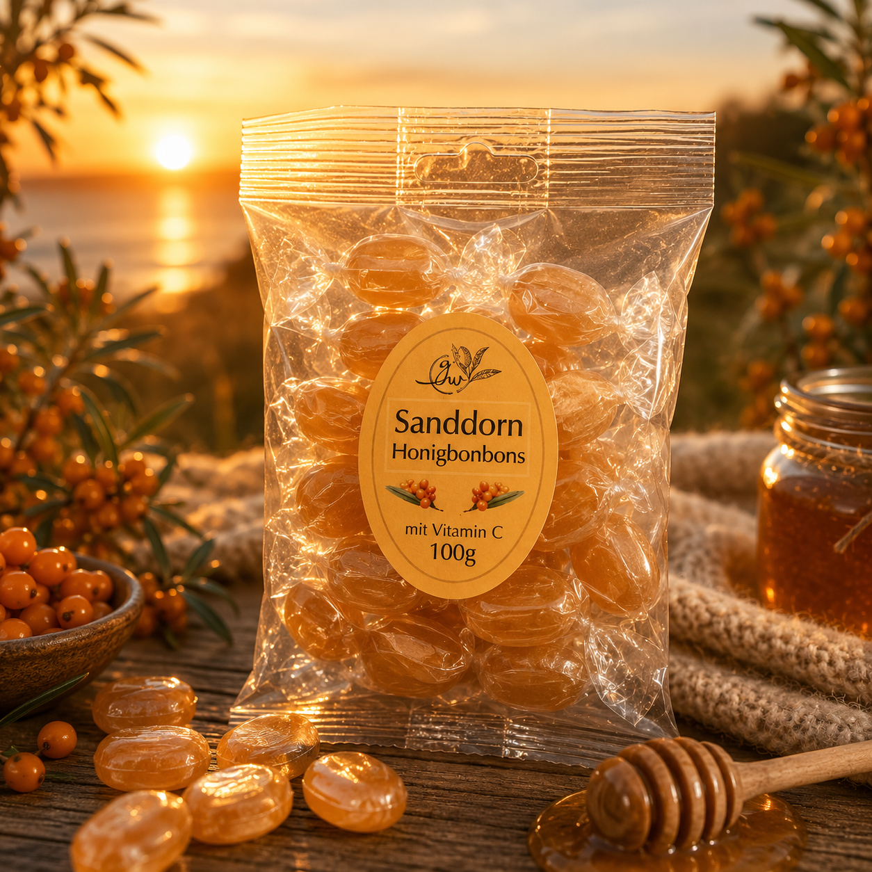 Sanddorn Honig Bonbons gefuellt - 100g