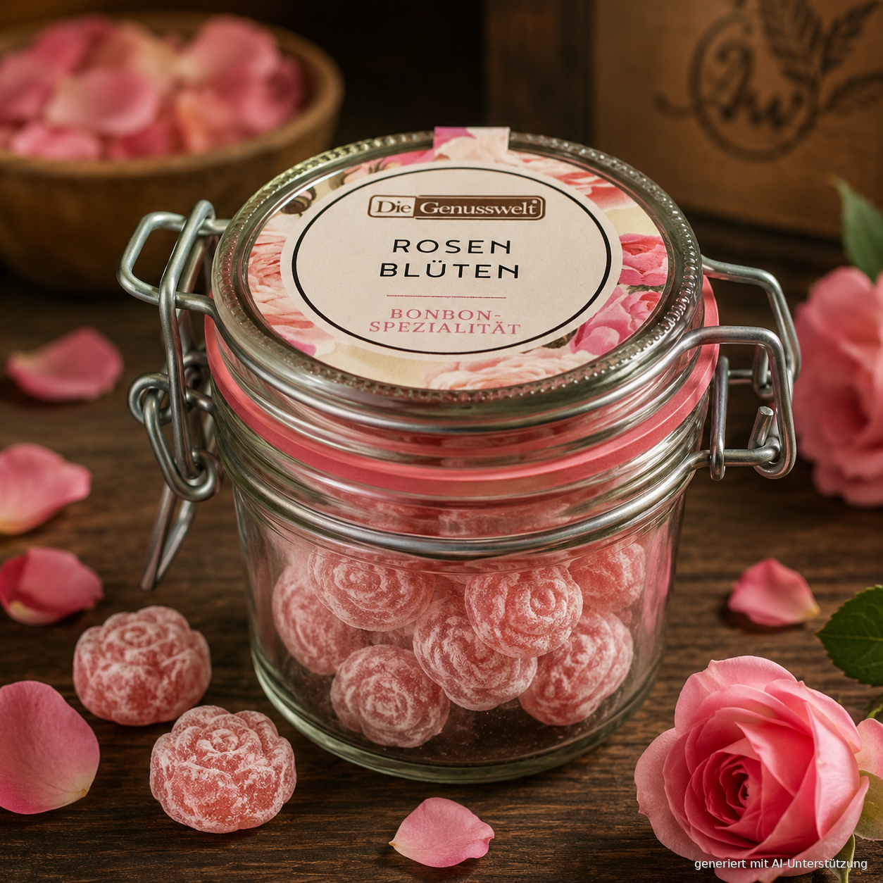 Rosenblueten Bonbon Spezialitaet - 70g Buegelglas
