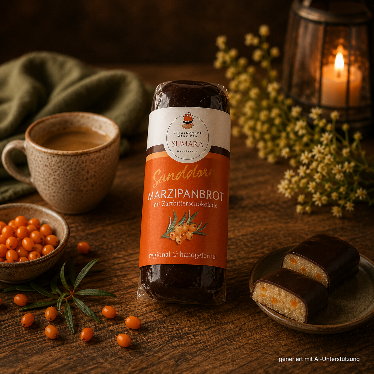 Marzipanbrot Sanddorn mit Zartbitterschokolade - 60g