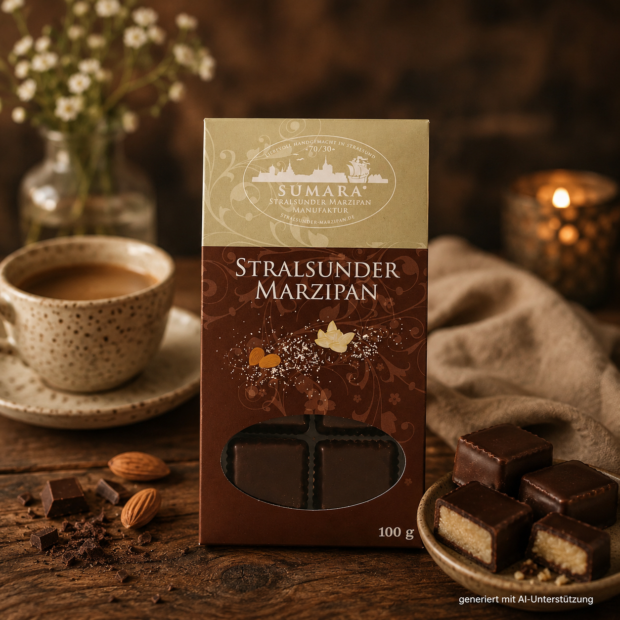 8er Marzipan-Konfektwuerfel mit Zartbitterschokolade - 100g