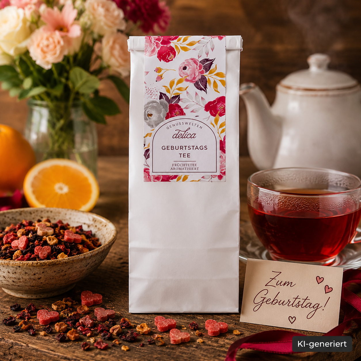 Geburtstagstee - Fruechtetee mit Zuckerherzen - 100g